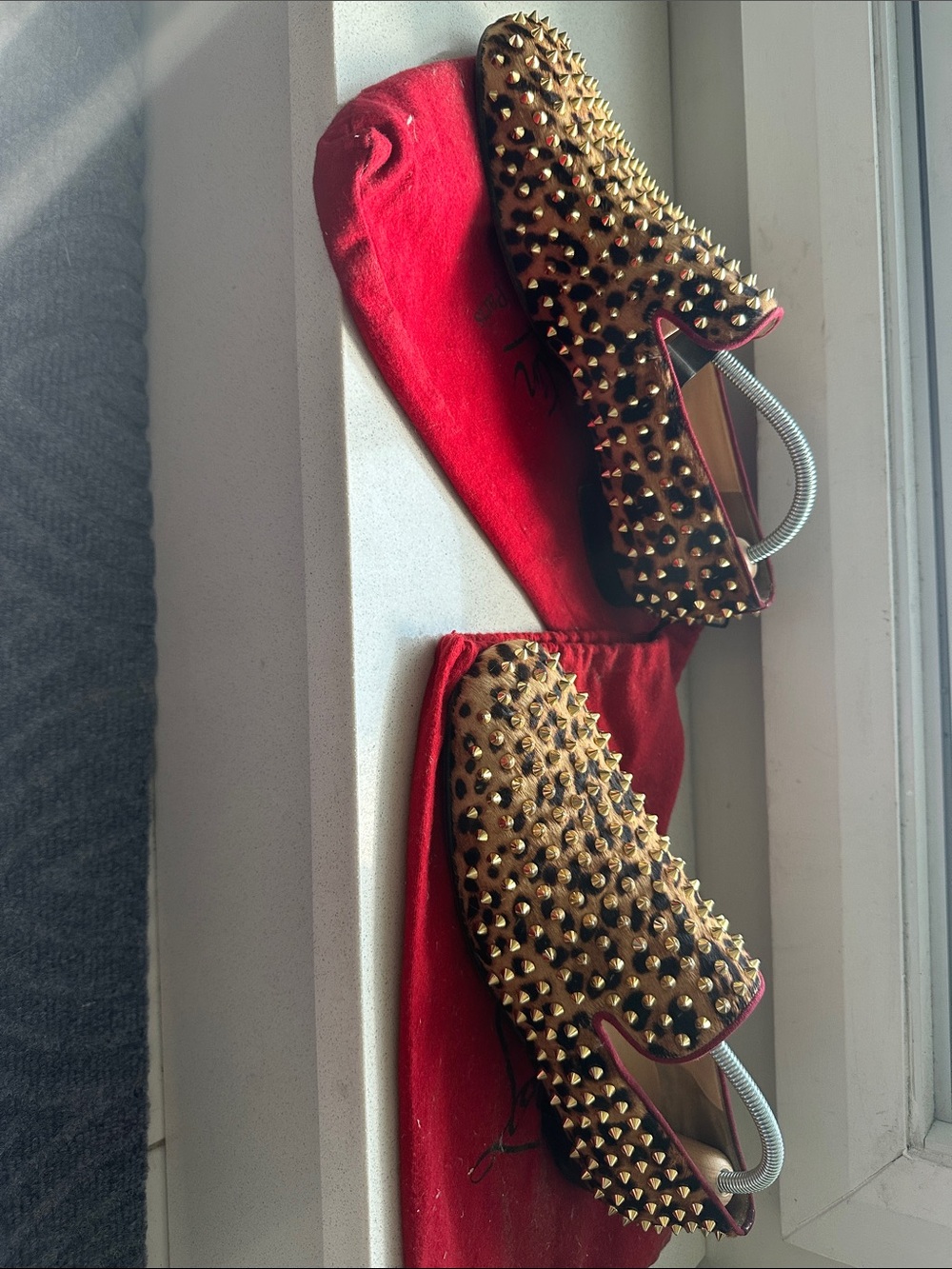 Christian Louboutin Studded Gold Spike Loafers with Red Trim